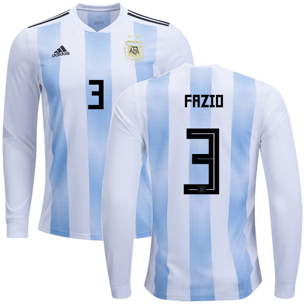Argentina #3 Fazio Home Long Sleeves Kid Soccer Country Jersey - Click Image to Close